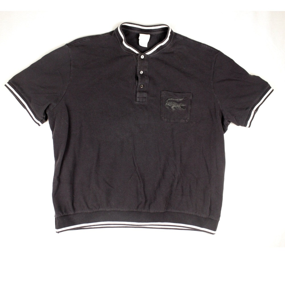Lacoste Mens Black Banded Collar Polo Shirt Tonal Logo Pocket Cotton Size Large